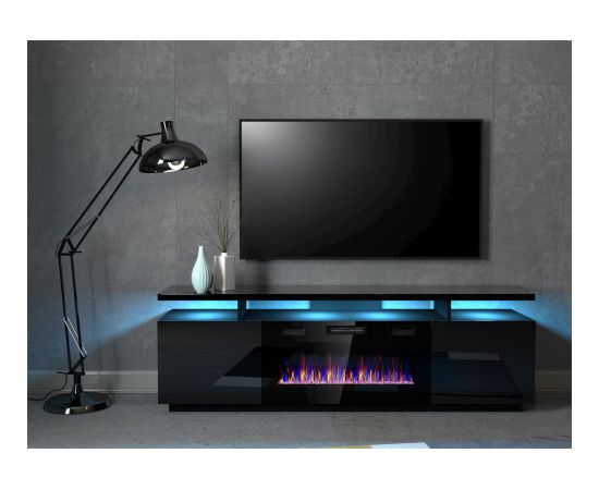 Cama Meble RTV EVA cabinet with electric fireplace 180x40x52 cm black/gloss black