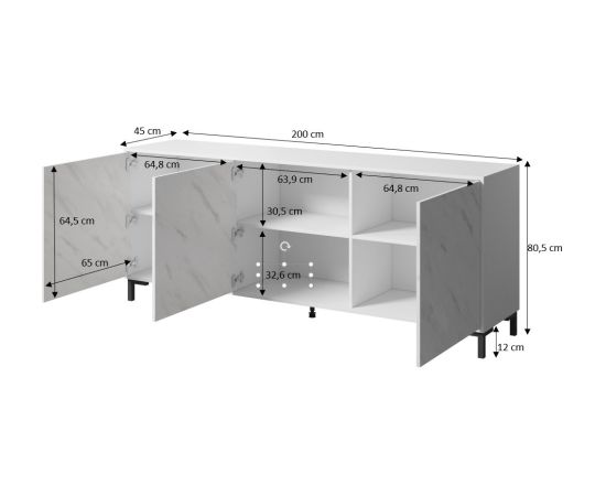 Cama Meble MARMO 3D chest of drawers 200x45x80,5 cm white matt/marble white