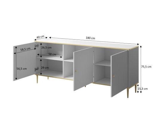 Cama Meble GLAMOUR chest 180x40x75.5 cm white matt + gold