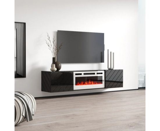 Cama Meble RTV LUXE cabinet 182.6x34.5x37.5 black/black gloss + white fireplace