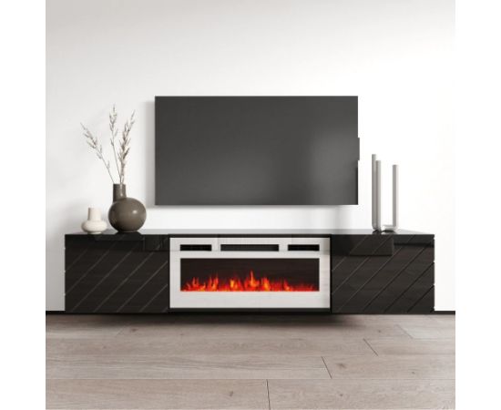 Cama Meble RTV LUXE cabinet 182.6x34.5x37.5 black/black gloss + white fireplace