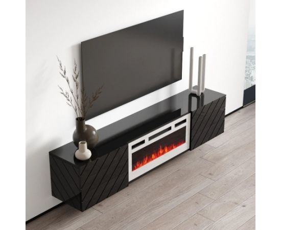 Cama Meble RTV LUXE cabinet 182.6x34.5x37.5 black/black gloss + white fireplace