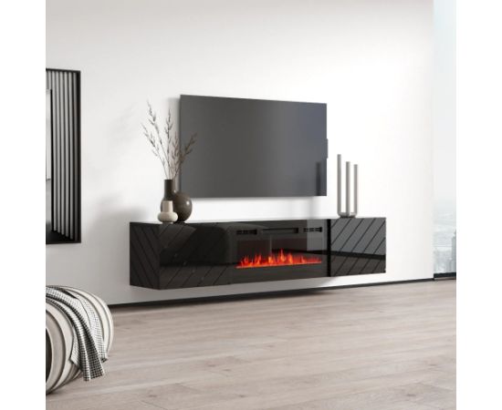 Cama Meble RTV LUXE cabinet 182.6x34.5x37.5 black/black gloss + black fireplace