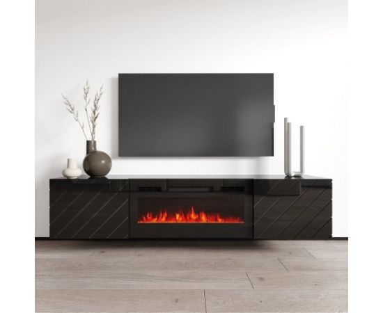 Cama Meble RTV LUXE cabinet 182.6x34.5x37.5 black/black gloss + black fireplace