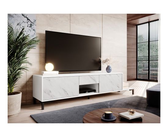 Cama Meble RTV Cabinet MARMO 2D1S1K 195x40x47.5 cm white matt/marble white