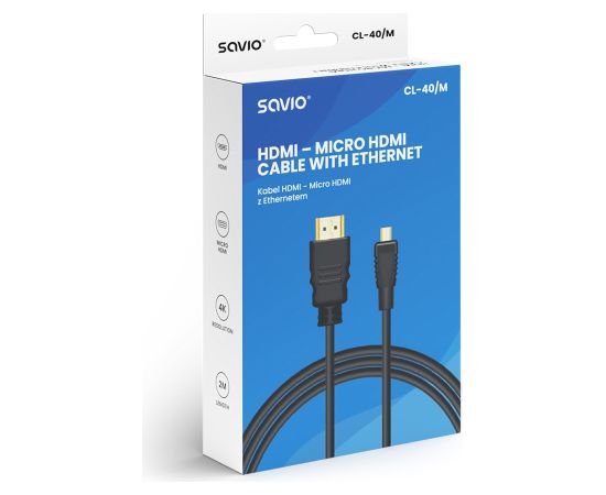 Savio CL-40/M HDMI (M) - micro HDMI (M) cable with Ethernet, 2m, Black