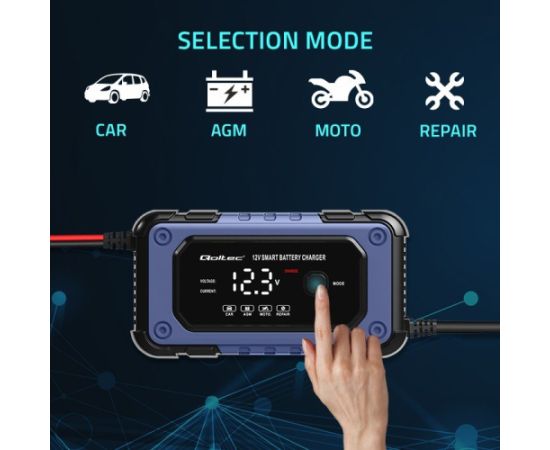 Qoltec 52483 Battery charger with repair function | Intelligent microprocessor charger | 12V | 6A | LED | 4 modes