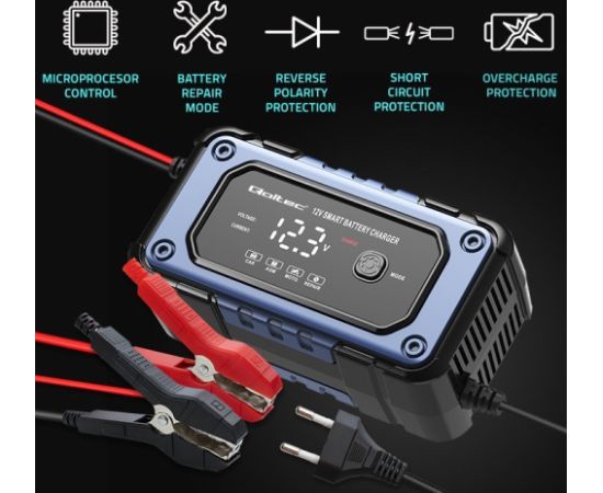 Qoltec 52483 Battery charger with repair function | Intelligent microprocessor charger | 12V | 6A | LED | 4 modes