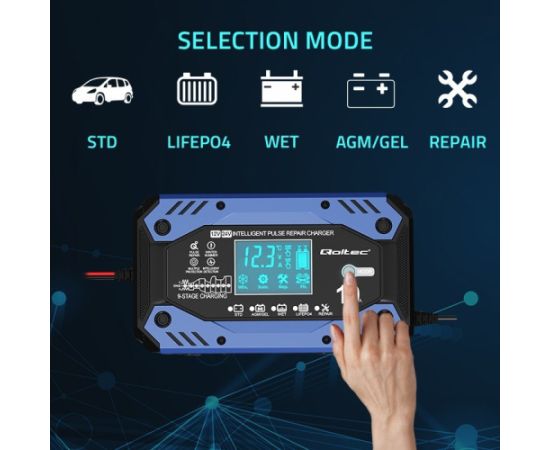 Qoltec 52482 Intelligent charger for STD AGM GEL LiFePO4 | Battery charger with repair function |12-24V |10A | LCD | 9 - stage charging