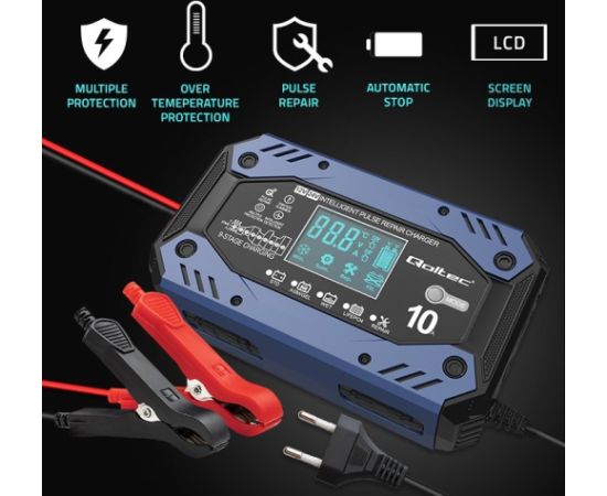 Qoltec 52482 Intelligent charger for STD AGM GEL LiFePO4 | Battery charger with repair function |12-24V |10A | LCD | 9 - stage charging