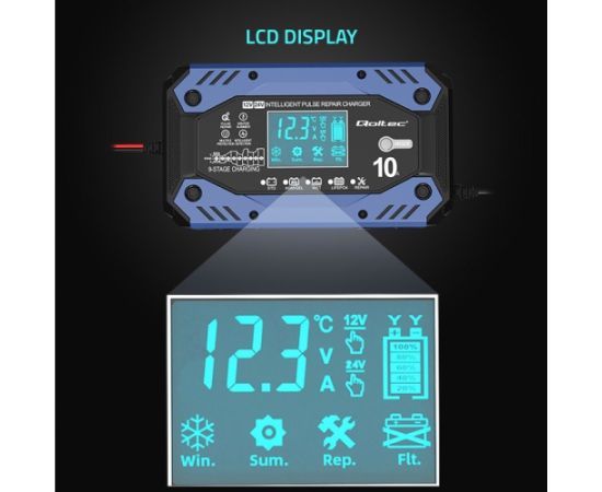 Qoltec 52482 Intelligent charger for STD AGM GEL LiFePO4 | Battery charger with repair function |12-24V |10A | LCD | 9 - stage charging