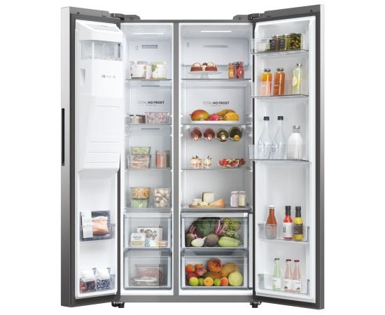 Haier SBS 90 Serie 5 HSW59F18EIMM side-by-side refrigerator Freestanding 601 L E Platinum, Stainless steel