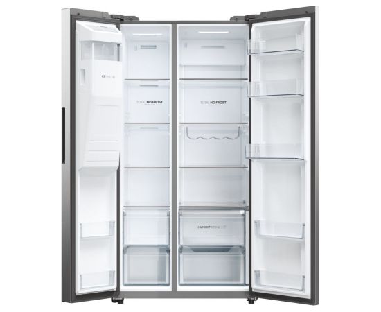 Haier SBS 90 Serie 5 HSW59F18EIMM side-by-side refrigerator Freestanding 601 L E Platinum, Stainless steel