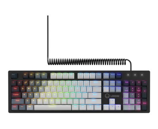 LORGAR Azar 514, Wired mechanical gaming keyboard, RGB backlight, 1680000 colour variations, 18 modes, keys number: 104, 50M clicks, linear dream switches, spring cable up to 3.4m, ABS plastic+metal, magnetic cover, 450*136*39mm, 1.17kg, white, EN layout