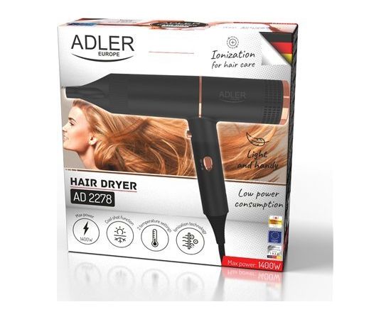 Suszarka Adler Adler Hair Dryer | AD 2278 | 1400 W | Number of temperature settings 2 | Ionic function | Black