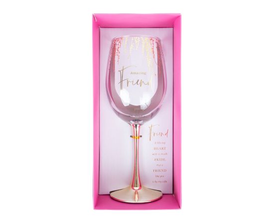 Wine goblet FLOW "Amazing Friend" H23,7cm 450ml, transparent glass, pink box