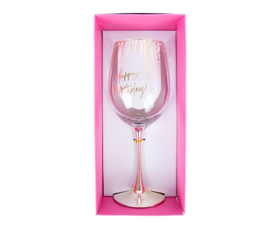 Wine goblet FLOW "Happy Birthday" H23,7cm 450ml, transparent glass, pink box