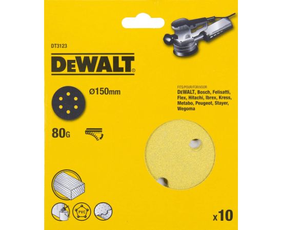 Smilšpapīrs ekscentra slīpmašīnai DeWalt DT3123-QZ; 150 mm; P80; 10 gab.