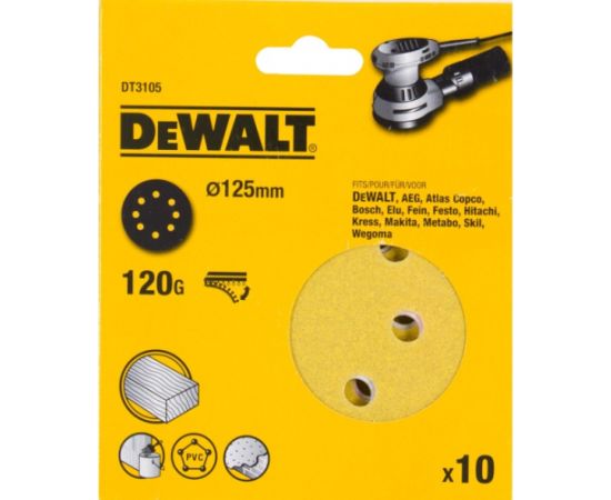 Smilšpapīrs DeWalt DT3105-QZ; K120; 125 mm; 10 gab.