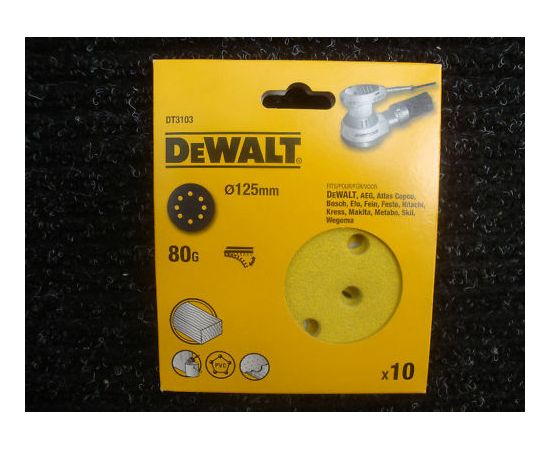 Koka slīpēšanas loksne DeWalt DT3103-QZ; K80; 125 mm; 10 gab.