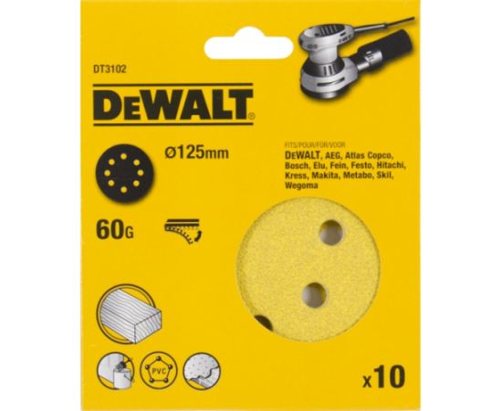 Koka slīpēšanas loksne DeWalt DT3102-Q; K60; 125 mm; 10 gab.