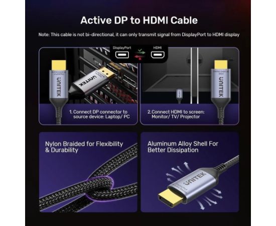 UNITEK CABLE DISPLAYPORT 1.4 TO HDMI 2.1, 8K, 1,8M