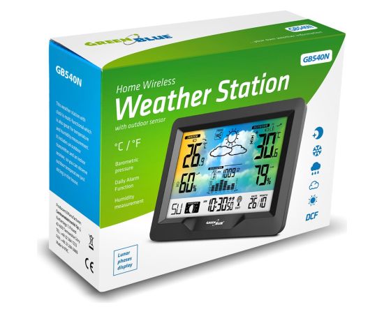 GreenBlue wireless weather station, color, with DCF system, moon phases, barometer, calendar, power adapter, GB540N