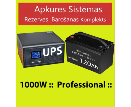 Komplekts: Profesionāls Invertors UPS apkures sistēmai 1000W + 12V 120Ah akum.