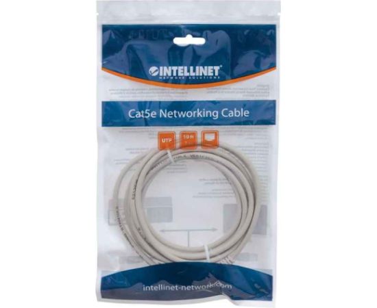 Intellinet Network Patch Cable, Cat5e, 3m, Grey, CCA, U/UTP, PVC, RJ45, Gold Plated Contacts, Snagless, Booted, Lifetime Warranty, Polybag