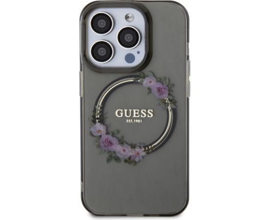 Guess PC|TPU Flowers Ring Glossy Logo MagSafe Case for iPhone 15 Pro Black