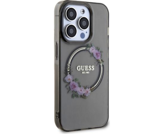 Guess PC|TPU Flowers Ring Glossy Logo MagSafe Case for iPhone 15 Pro Black