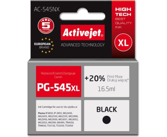 Activejet AC-545NX Printer Ink for Canon, Replacement Canon PG-545XL; Supreme; 16,5ml; Black