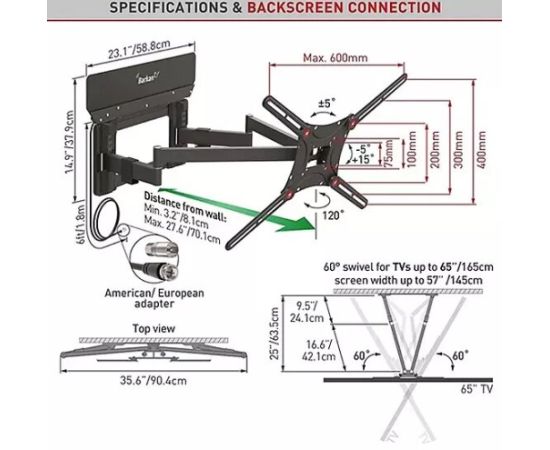 Barkan VTM464L  13"-90" TV, 4 lankstų, su antena, sieninis, juodas, labai ilgas