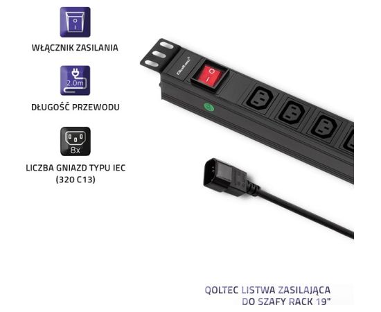 Qoltec 53998 Power strip for RACK 19" | 1U | 10A | PDU | 8xIEC C13 | 2m