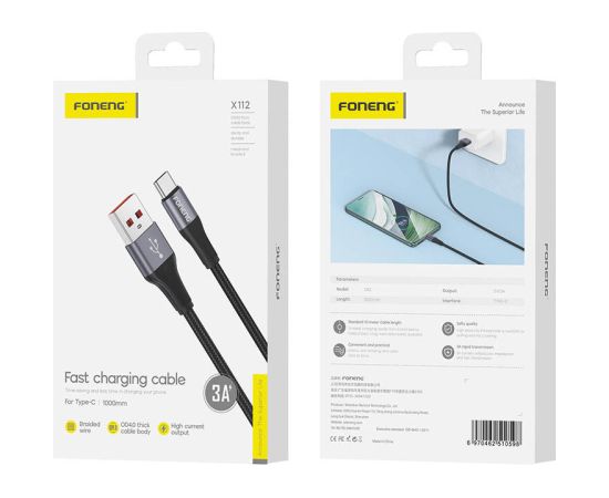 Foneng X112 USB-A to USB-C cable, 3A, 1m (black)