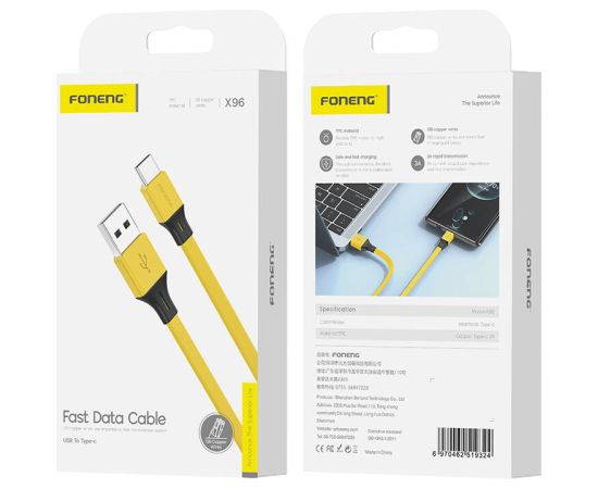 Foneng X96 USB-A to USB-C cable 2.4A, 1m (yellow)