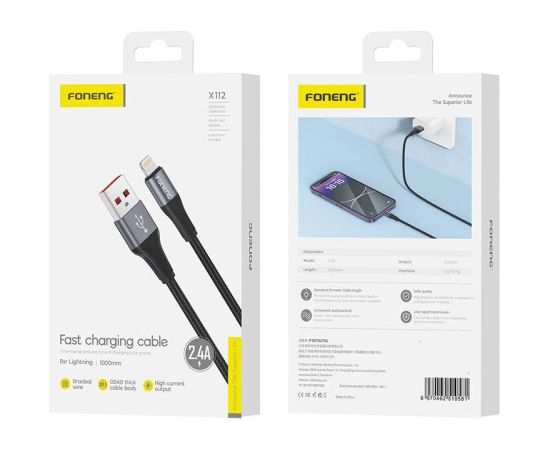 Foneng X112 USB-A to Lightning cable 2.4A, 1m (black)