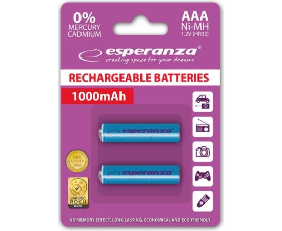 Esperanza EZA101B PRECHARGED HR03 1000MAH ALWAYS READY BLISTERA IEPAKOJUMĀ 2GB.