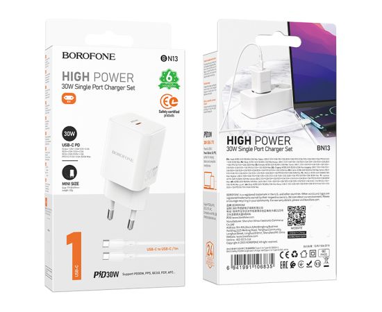 OEM Borofone Wall charger BN13 Safety - Type C - PD 30W with Type C to Type C cable white