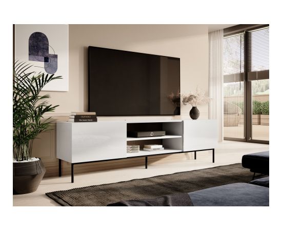 Cama Meble RTV SLIDE 200K cabinet on a black steel frame 200x40x57 cm all in gloss white