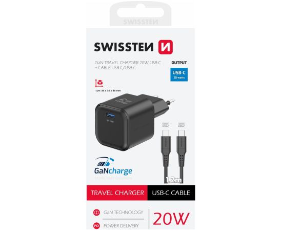 Swissten Tīkla Lādētājs GaN USB-C 20W PD + Datu kabelis USB-C-USB-C 1.2m