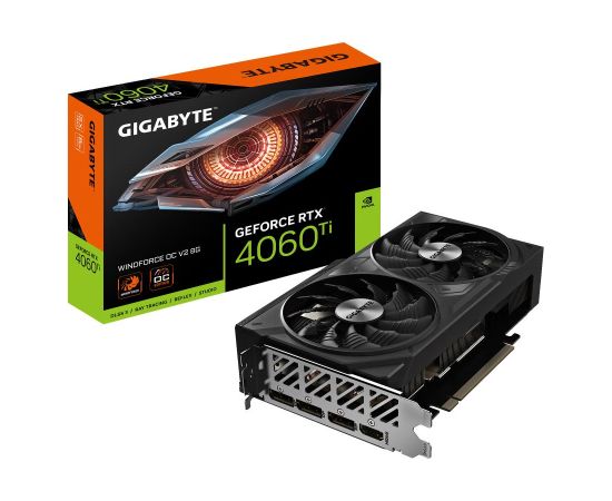 Graphics Card GIGABYTE NVIDIA GeForce RTX 4060 Ti 8 GB GDDR6 128 bit PCIE 3.0 16x GPU 2550 MHz Dual Slot Heatpipe 1xHDMI 3xDisplayPort GV-N406TWF2OCV2-8GD