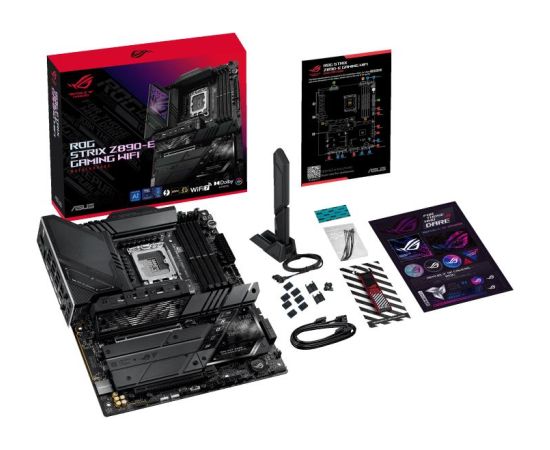 Mainboard ASUS Intel Z890 LGA1851 ATX Memory DDR5 Memory slots 4 1xPCI-Express 4.0 16x 1xPCI-Express 5.0 16x 7xM.2 1xHDMI 1xDisplayPort 1xAudio-In 1xAudio-Out 3xUSB 3.0 7xUSB 3.1 2xUSB-C 2xUSB-C w/Thunderbolt 1xOptical S/PDIF 1xRJ45 ROGSTRIXZ890-EGAMWIFI