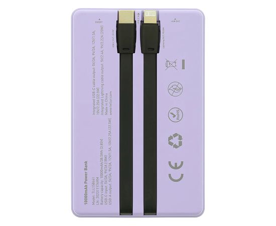 Tellur Power Bank 10000mAh, USB-C + Lightning cables built-in  purple