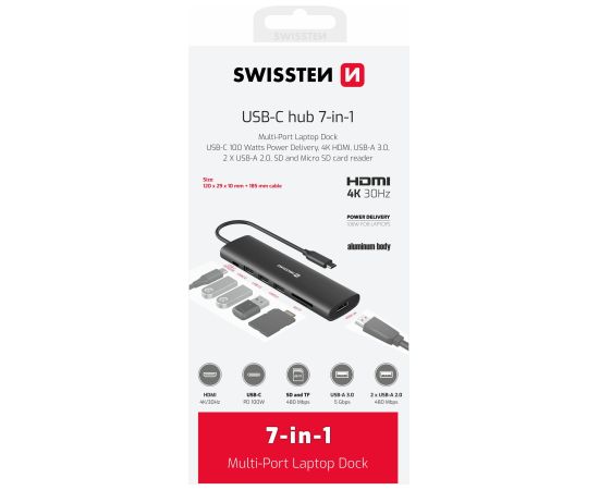 Swissten Многопортовая док-станция для ноутбука USB-C HUB 7-IN-1 USB-C 100W / HDMI 4K / USB-A 3.0 / 2x USB-A 2.0 / SD / MicroSD