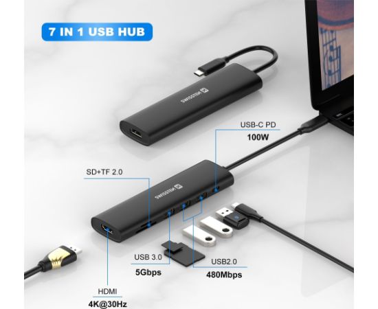 Swissten Многопортовая док-станция для ноутбука USB-C HUB 7-IN-1 USB-C 100W / HDMI 4K / USB-A 3.0 / 2x USB-A 2.0 / SD / MicroSD