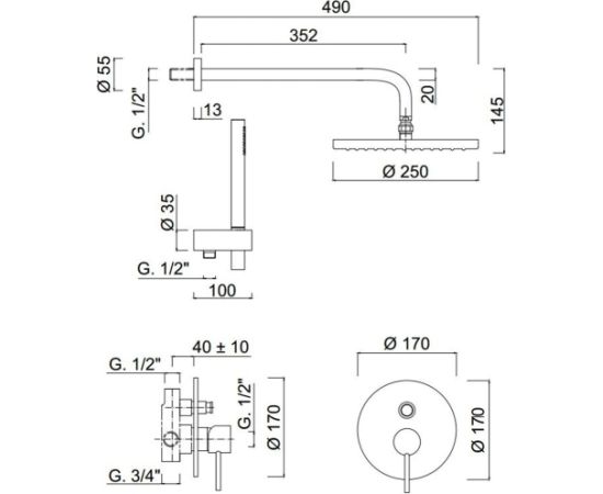 Giulini G Futuro iebūvējams dušas komplekts ar dušas galvu 25 cm, hroms - gab.