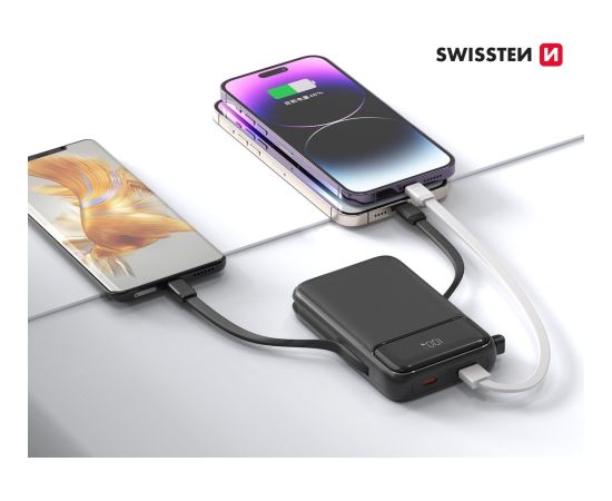 Swissten Ārējās uzlādes Baterija 10000 mAh 20W ar iebūvētiem USB-C un Lightning kabeļiem (Saderīgs ar MagSafe)