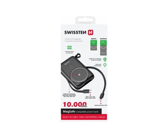 Swissten Ārējās uzlādes Baterija 10000 mAh 20W ar iebūvētiem USB-C un Lightning kabeļiem (Saderīgs ar MagSafe)