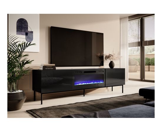 Cama Meble RTV cabinet SLIDE 200K with electric fireplace on black frame 200x40x57 cm all in gloss black